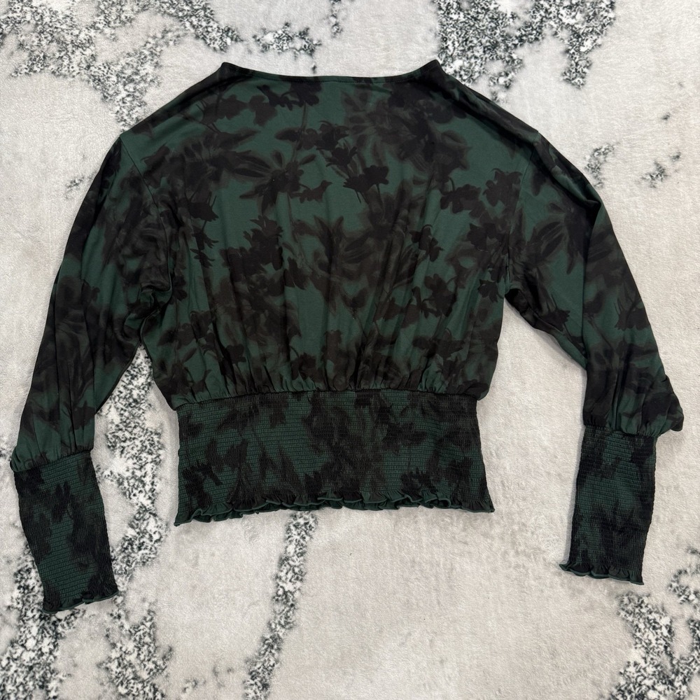 Madewell NWT Womens M Green Black Floral Smocked Long Sleeve Blouse Top Peasant